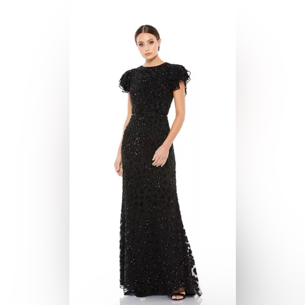 Mac Duggal Women's High Neck Flutter Cap Sleeve Gown